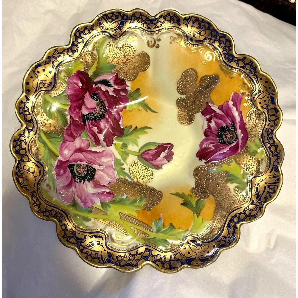 Antique Nippon Porcelain Bowl Poppy Flowers Pink Fuschia Gold Beading 11
